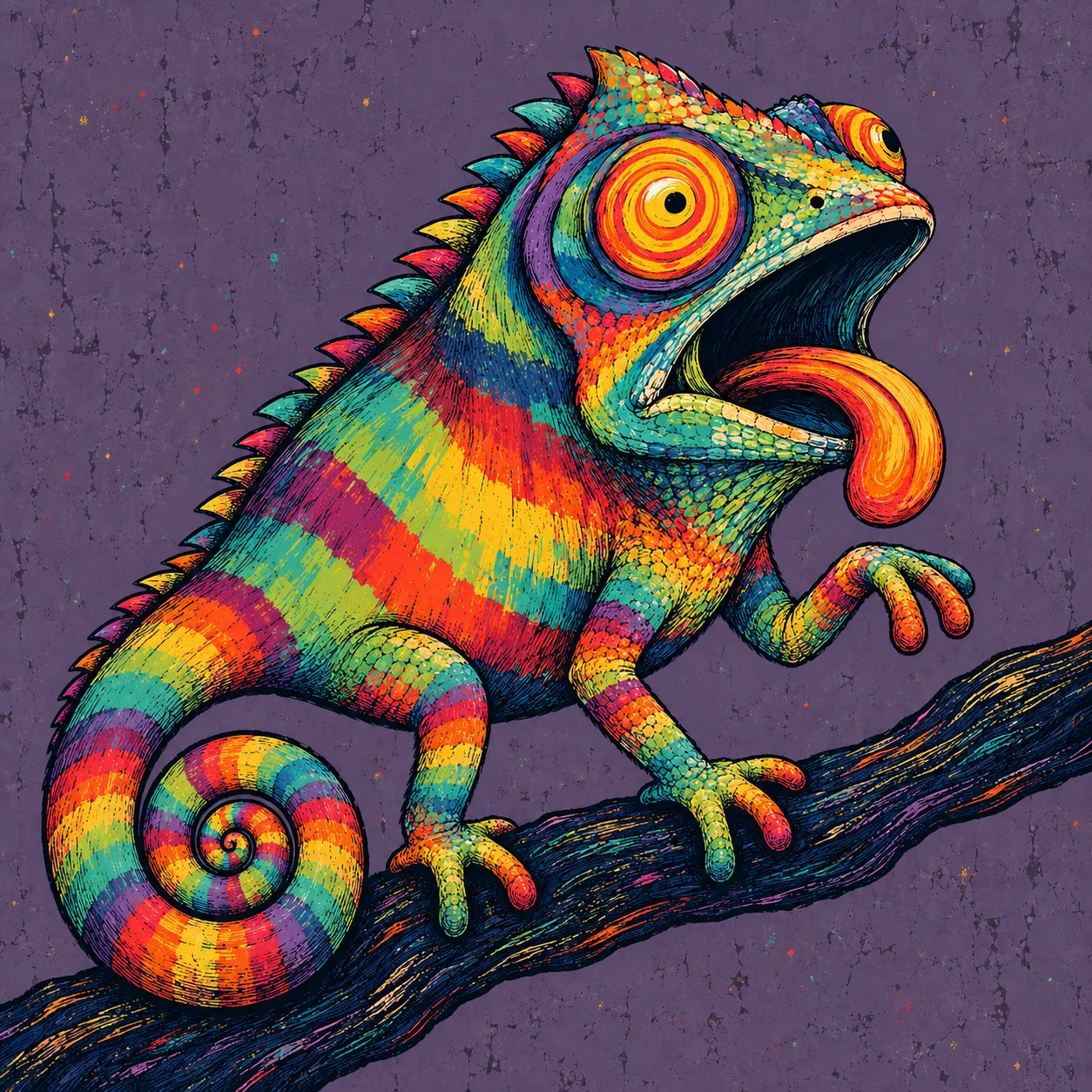 Rainbow Trippyleon balancing on a branch with his spiral tail