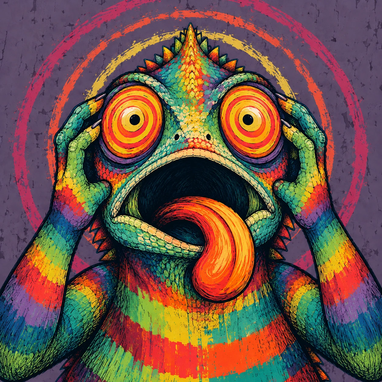 Trippyleon clutching his temples, both enormous orange eyes wide open