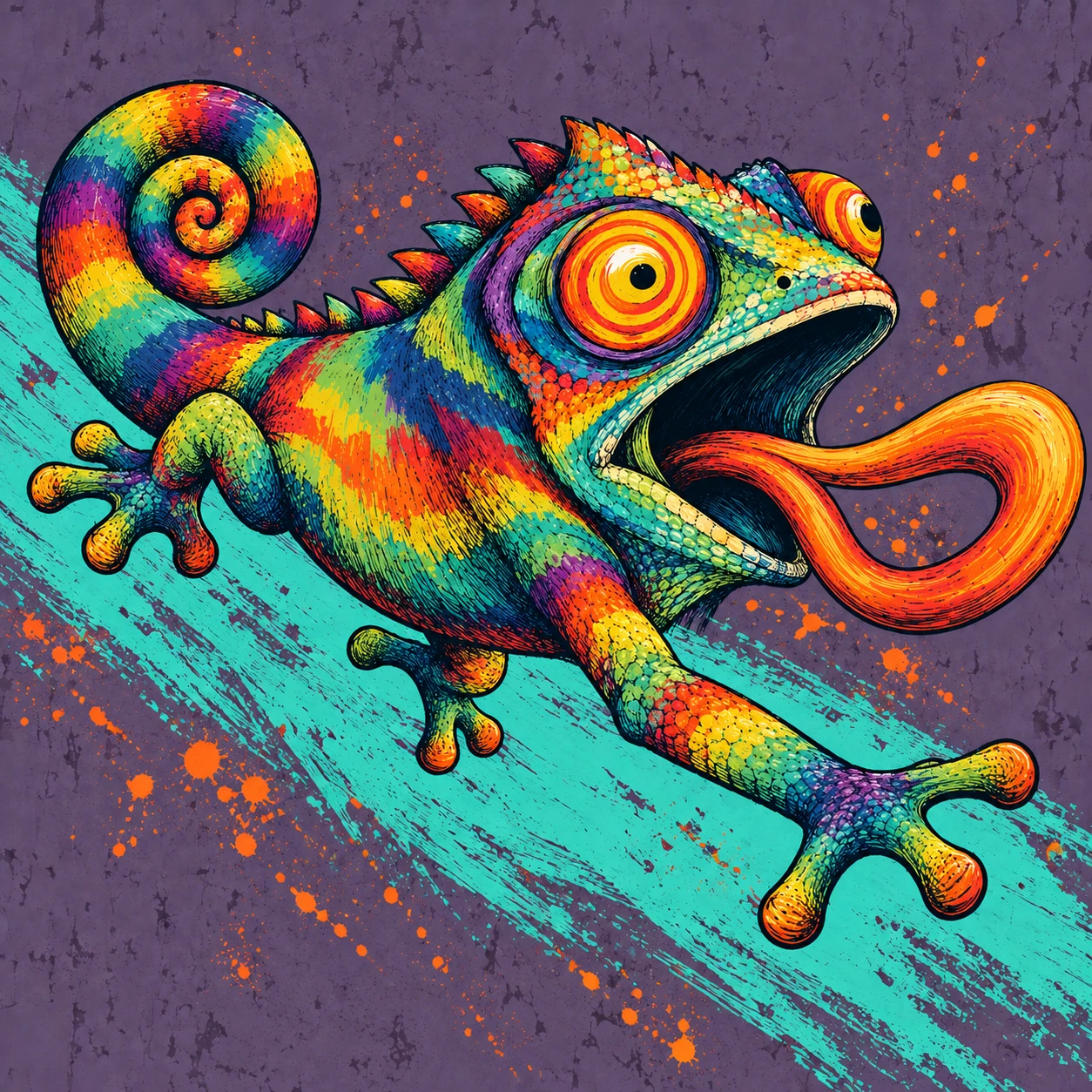 Trippyleon leaping along a turquoise paint stroke